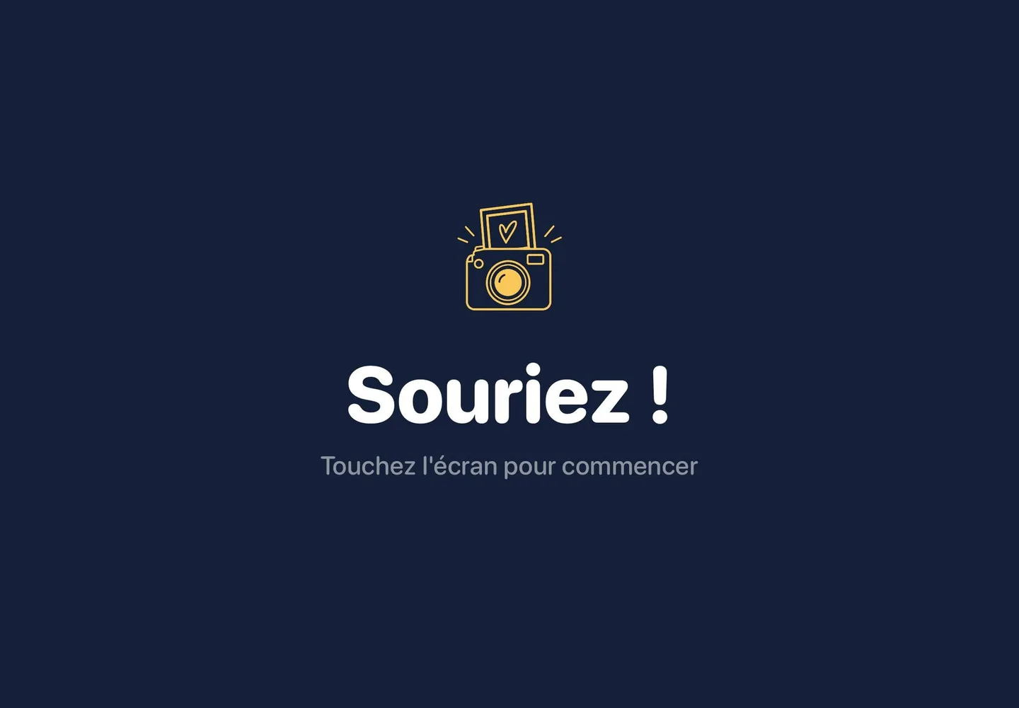Écran d'accueil de la borne Photily : « Souriez ! Touchez l'écran pour commencer »