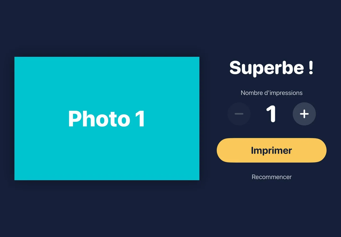 Écran de fin de séance : aperçu de la photo, choix du nombre d'impressions et bouton Imprimer