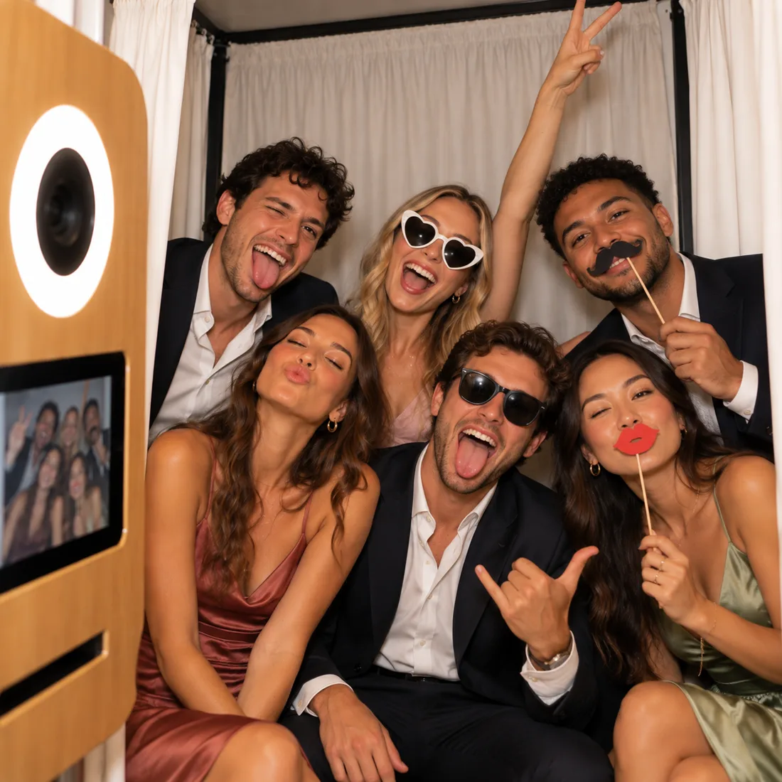 Groupe d'invités avec lunettes, moustache et lèvres en carton devant la borne
