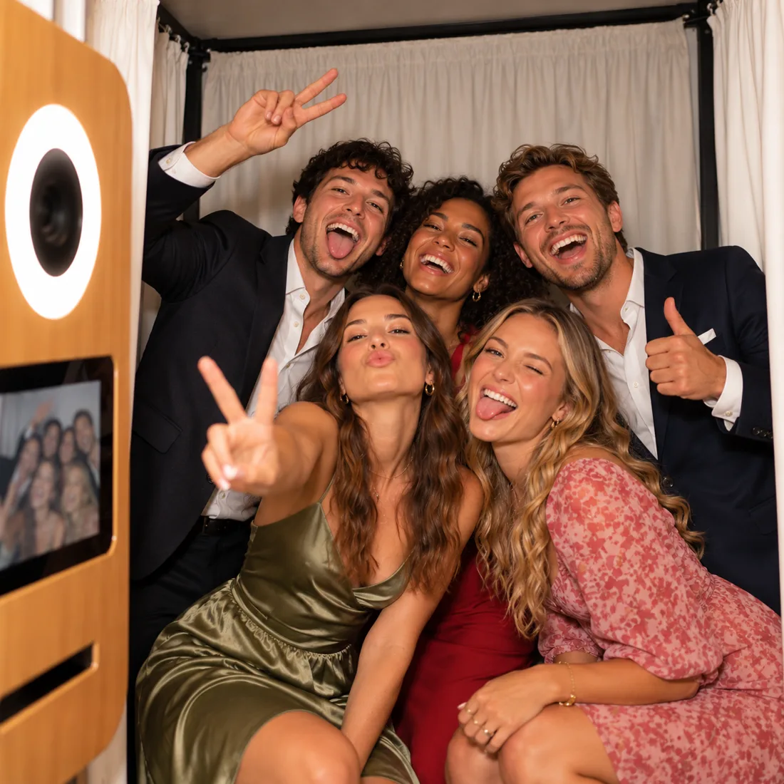 Cinq amis font des grimaces devant la borne photo