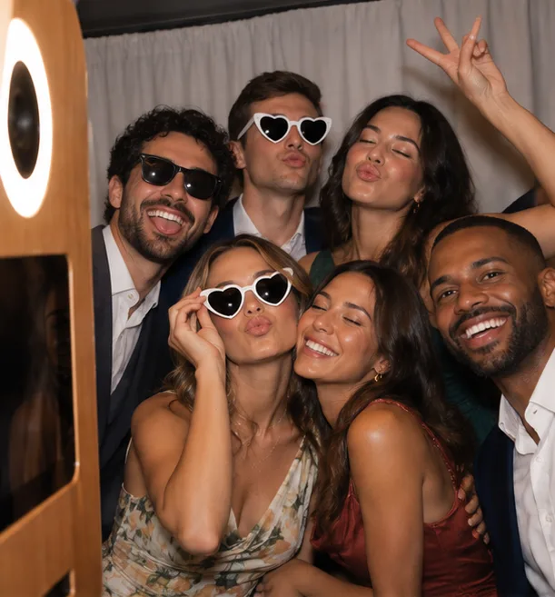 Invités avec des lunettes cœur qui posent en envoyant des bisous